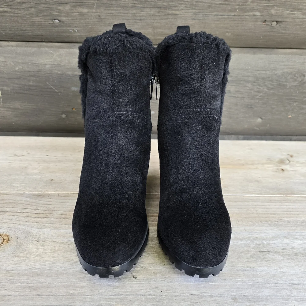 Nine West Camina Y2K Boho Minimalist Faux Fur Trim Wedge Comfort Bootie 7.5M